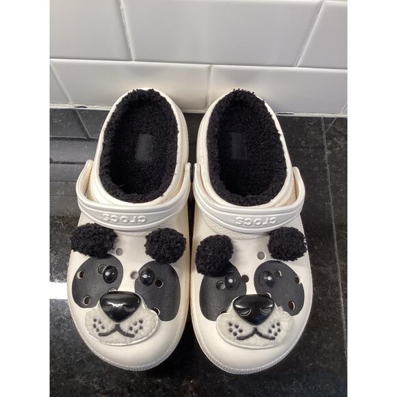 Crocs JUNIORS Classic Lined Super Cute Panda Bear Clog Shoes Black White Size 5 - Picture 3 of 10